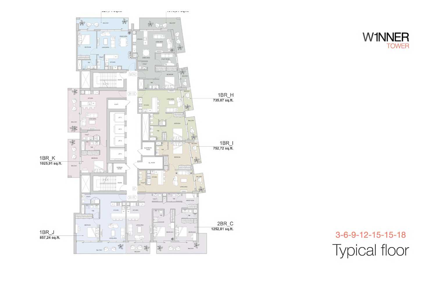 Typical Floor Plan, 3, 6, 9, 12, 15, 18